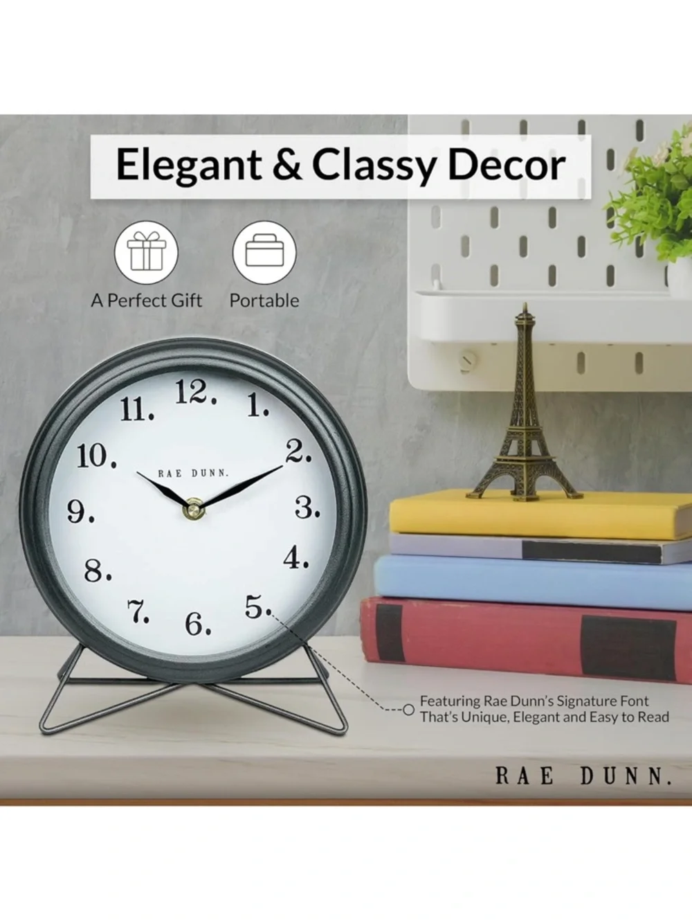Rae Dunn Farmhouse Gray Round Clock with White Face